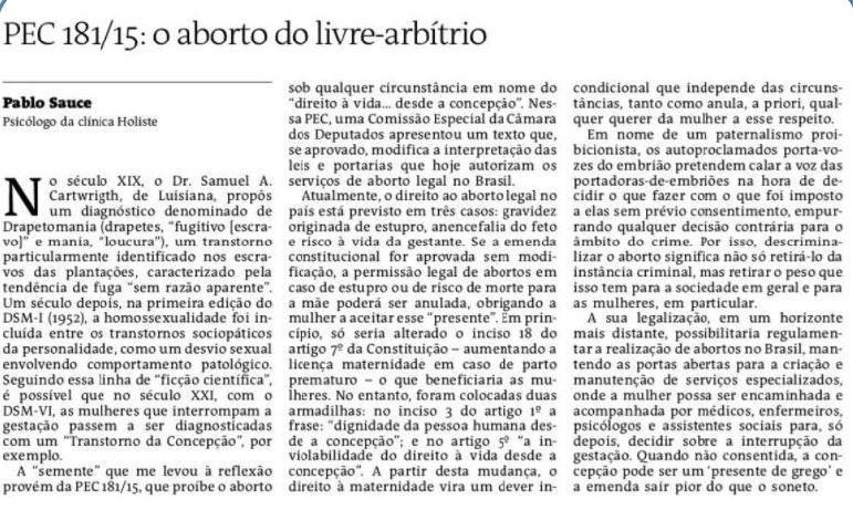 Artigo publicado no Jornal ATarde sobre a proibição do aborto (09/01/2018)