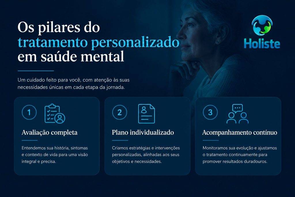 Infográfico sobre os pilares de um tratamento personalizado na saúde mental