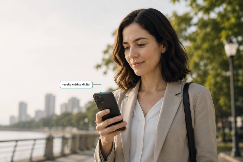 Brasileiro consultando prescrição médica digital emitida por psiquiatra via telemedicina