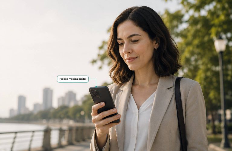 Brasileiro consultando prescrição médica digital emitida por psiquiatra via telemedicina