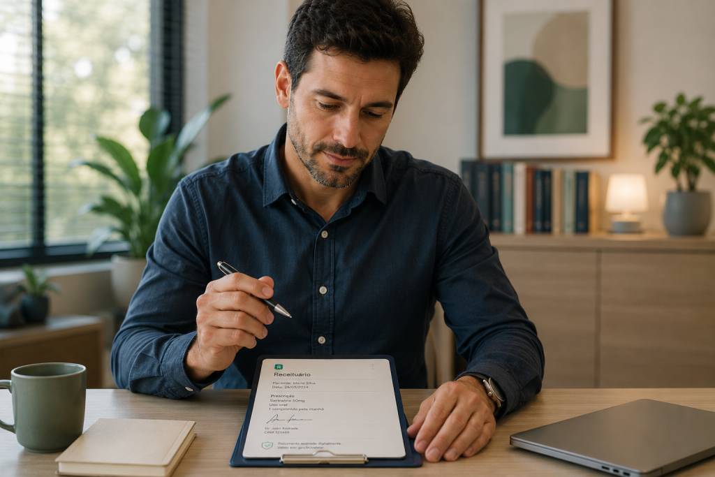 psiquiatra verificando prontuário para emissão de receituário de medicamento